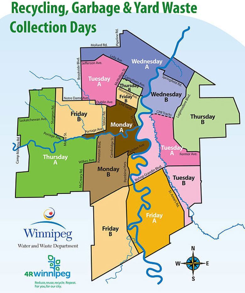 City of Winnipeg map showing recycling, garbage and yard waste collection day zones from Monday A to Friday B